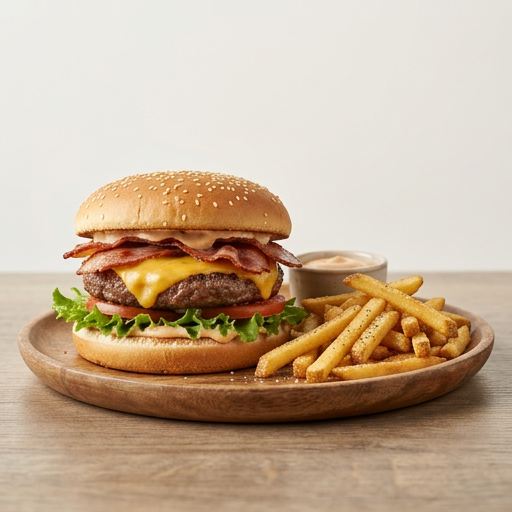 Ost & Kalkonbacon Hamburger Tallrik  150gr Hamburgare Med Br├╢d , Ost, Kalkonbacon, Sallad, Dressing, Pommes